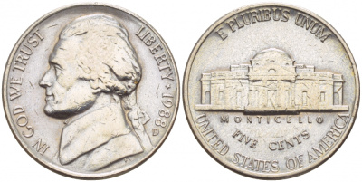 США 5 ЦЕНТОВ 1988 D, ДЖЕФФЕРСОН KM А192 медно-никель 4546-1216