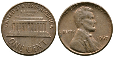 США 1 цент 1967 Авраам Линкольн KM 201 медь цинк 3458-133
