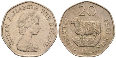 Фолклендские острова 20 пенсов 1982 Елизавета II (1952-2022), овца Ромни-марш KM 17 медно-никель 87-136