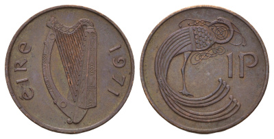 Ирландия 1 пенни 1971 мифологическая птица лира KM 20 бронза 4682-529