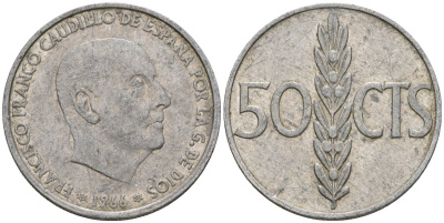 Испания 50 сентимо 1966 (67) Франсиско Франко (1939-1975) KM 795 алюминий 4398-243