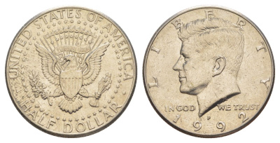 США 1/2 доллара (50 центов) 1992 P, Джон Кеннеди KM A202b медь плакированная медно-никелем aUNC 4517-633