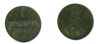 Ганновер 1 пфенниг 1843 A, Эрнст Август (1837-1851) KM 173.1, AKS 126, J. 54 медь 35-154