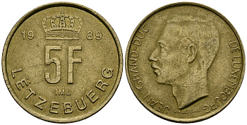 Люксембург 5 франков 1989 Великий герцог Жан (1964 - 1999) KM 65 алюминиевая бронза 4171-1154