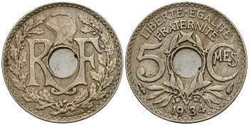 Франция 5 сантимов 1934 KM 875 медно-никель 4164-652