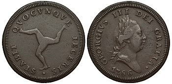 Остров Мэн 1 пенс 1786 Георг III (1760-1820) KM 9.1 медь 650-624