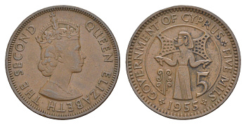 Кипр 5 милей 1955 Елизавета II (1952-2022) KM 34 бронза 4652-327