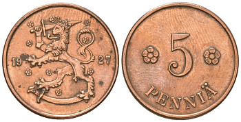 Финляндия 5 пенни 1927 KM 22 медь 4174-361