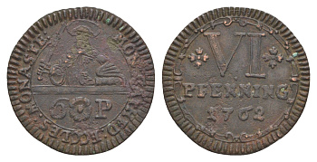 Мюнстер 6 пфеннигов 1762 Монетный двор кафедрального капитула KM 441 медь 633-1825