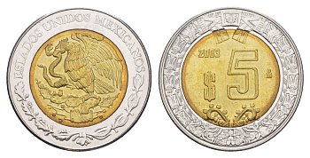 Мексика 5 песо 2003 Mo KM 605 биметалл UNC 4637-653