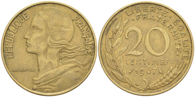 ФРАНЦИЯ 20 САНТИМОВ 1967 ТИП MARIANNE KM 930, Le Franc 156.7 медь алюминий никель 4513-115