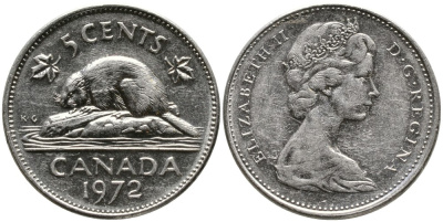 Канада 5 центов 1972 бобр, Елизавета II (1952-) KM 60.1 никель 4543-632