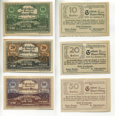 АВСТРИЯ НАБОР ИЗ 3 БАНКНОТ 1920 ДО 30 ДЕКАБРЯ 1920, НОТГЕЛЬД, 10, 20, 50 ГЕЛЛЕРОВ, MAUER-OHLING бумага XF 6317-40-2