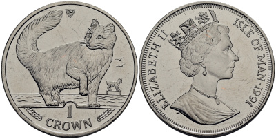 Остров Мэн 1 крона 1991 норвежская кошка КМ 293 медно-никель UNC M80-14
