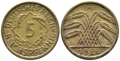 ГЕРМАНИЯ 5 РЕЙХСПФЕННИГОВ 1926 A KM 39, J. 316 алюминиевая бронза 39-558