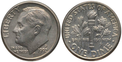 США 10 ЦЕНТОВ = 1 ДАЙМ 1992 P, РУЗВЕЛЬТ KM 195а медь плакированная медно-никелем 4396-469