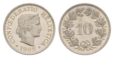Швейцария 10 раппенов 1982 KM 27 медно-никель 4625-726