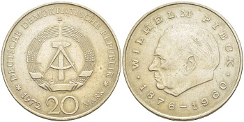 ГДР 20 марок 1972 А, Вильгельм Пик (1876-1960) KM 42 медно-никель 4521-435