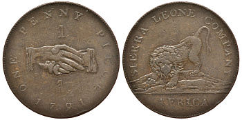 Сьерра-Леоне 1 пенни 1791 рукопожатие, лев KM 2.1 медь 00-815-03