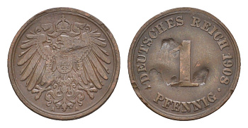 Германия 1 пфенниг 1908 A, Вильгельм II (1888-1918) KM 10, J. 10 медь 4647-839