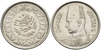 Египет 2 пиастра 1937 АН1356, Фарук (1936-1952) KM 365 серебро 4516-218