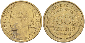 ФРАНЦИЯ 50 САНТИМОВ 1941 ТИП MORLON KM 894.1, LE FRANC 192.18 алюминиевая бронза 44-523