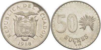 ЭКВАДОР 50 СУКРЕ 1988 KM 93 сталь плакированная никелем 82-912