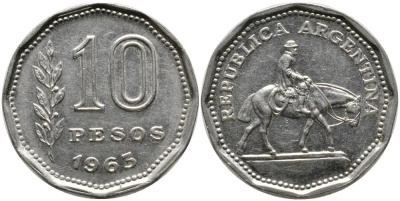 Аргентина 10 песо 1963 Гаучо KM 60 никелированная сталь 4525-943
