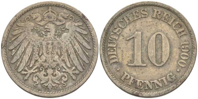 Германия 10 пфеннигов 1900 A KM 12, J. 13 медно-никель 4401-1143