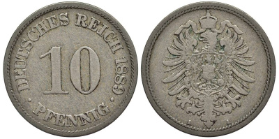 ГЕРМАНИЯ 10 ПФЕННИГОВ 1889 A, СТАРОГЕРБОВКА KM 4, Jager 4, Weege 7 медно-никель 4543-617
