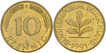 ФРГ 10 пфеннигов 1991 D KM 108, J. 383 сталь плакированная латунью 4175-1135