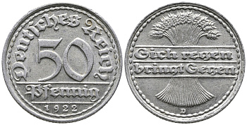 ГЕРМАНИЯ 50 ПФЕННИГОВ 1922 D KM 27, J. 301 алюминий 24-1111
