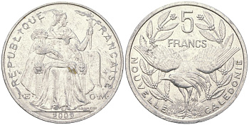 Французская Новая Каледония 5 франков 2009 птица кагу, (IEOM) KM 16, Schoen 12, Lec 81k алюминий 4111-425