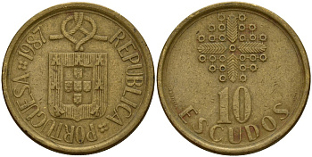 Португалия 10 эскудо 1987 KM 633 никель латунь 4156-614