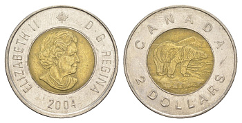 Канада 2 доллара 2004 Елизавета II (1952-2022), полярный медведь KM 496 биметалл 4631-842