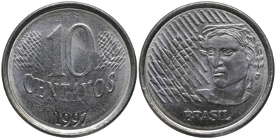 Бразилия 10 сентаво 1997 голова свободы KM 633 нержавеющая сталь UNC 181-256