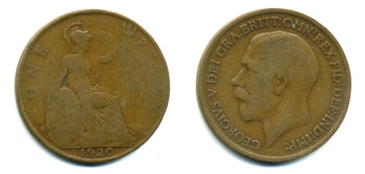 Великобритания 1 пенни 1920 Георг V (1910-1936) KM 810, Spink 4051 бронза 41-333
