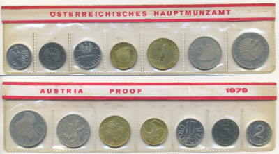 Австрия набор из 7 монет  1979  2, 5, 10, 50 грошей, 1, 5, 10 шиллингов, в целлофане KM PS 39 PROOF 4399-10-3