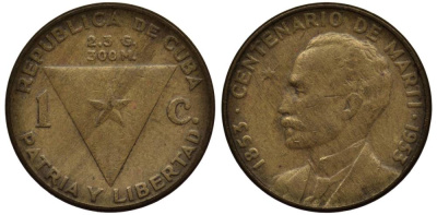 Куба 1 сентаво 1953 100 лет со дня рождения Хосе Марти KM 26 латунь 4549-924