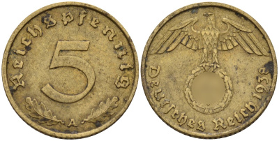 Германия 5 рейхспфеннигов 1938 A KM 91, J. 363 алюминиевая бронза 4151-814