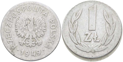 ПОЛЬША 1 ЗЛОТЫЙ 1949 KM 45a алюминий 212-853