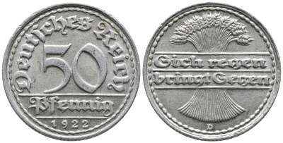 ГЕРМАНИЯ 50 ПФЕННИГОВ 1922 D KM 27, J. 301 алюминий 24-1111