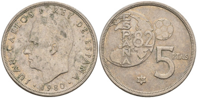 Испания 5 песет 1980 (80) Хуан Карлос I (1975 - 2014) KM 817 медно-никель 4155-747