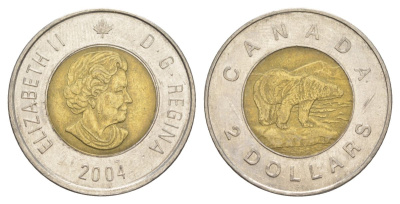 Канада 2 доллара 2004 Елизавета II (1952-2022), полярный медведь KM 496 биметалл 4631-842
