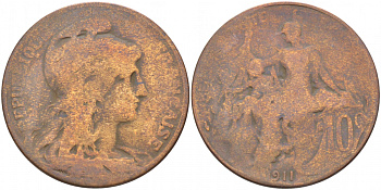 ФРАНЦИЯ 10 САНТИМОВ 1911 ТИП ДАНИЭЛЬ ДЮПЮИ KM 843, LA FRANC 136.21 бронза 3457-546
