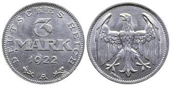 ГЕРМАНИЯ 3 МАРКИ 1922 А KM 28, J. 302 алюминий 4380-726