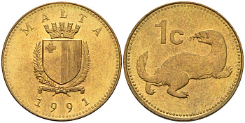 Мальта 1 цент 1991 ласка, горностай KM 93 никель латунь 4585-1217