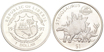 Либерия 1 доллар 1997 Парк Юрского периода - Стегозавр KM 324 медно-никель BU 4044-321