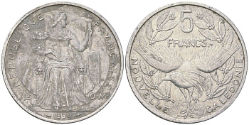 Французская Новая Каледония 5 франков 1994 птица кагу, (IEOM) KM 16, Schoen 12, Lec 81 алюминий 189-132