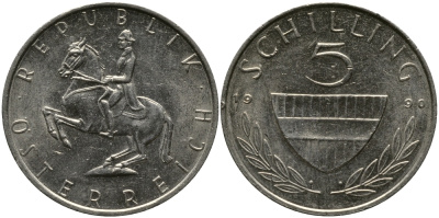 АВСТРИЯ 5 ШИЛЛИНГОВ 1990 KM 2889а медно-никель 33-625